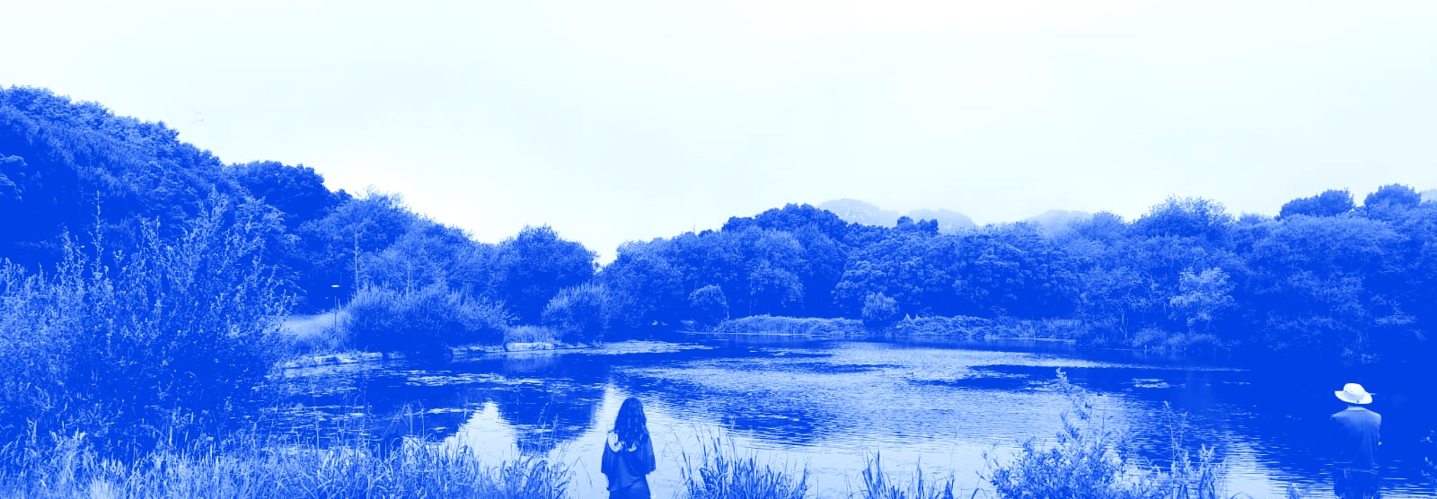 A lone figure standing at the edge of a still lake, surrounded by trees